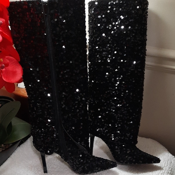 INC International Concepts Black Sequin Heeled Boots - Picture 1 of 6